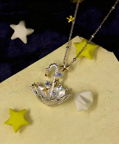 Women Silk Alloy Zircon Star Umbrella Pendant Necklace