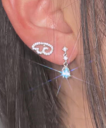 Women Silk Alloy Zircon Wing Water Droplet Asymmetrical Drop Earrings