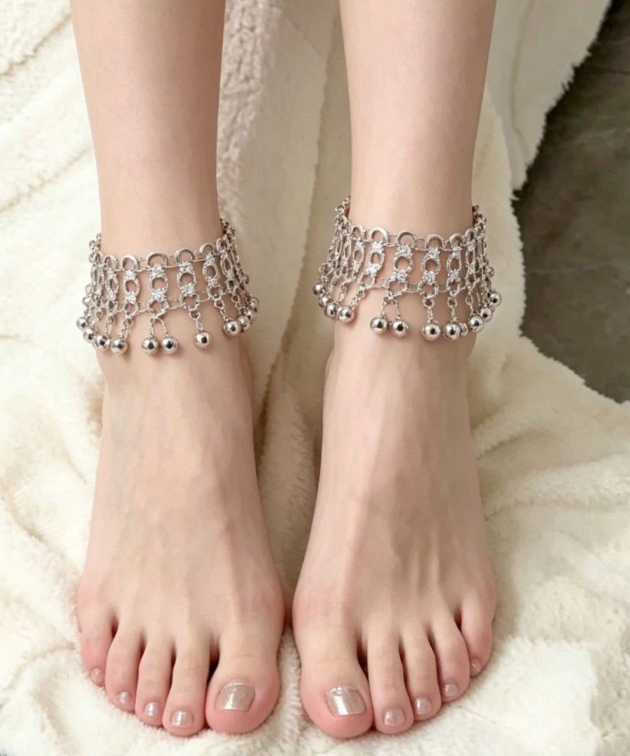 Women Silk Stainless Steel Bell Tassel A Pair Anklets