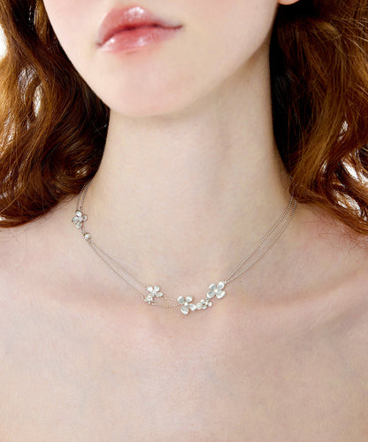 Women Silver Floral Double Layer Chain Copper Choker