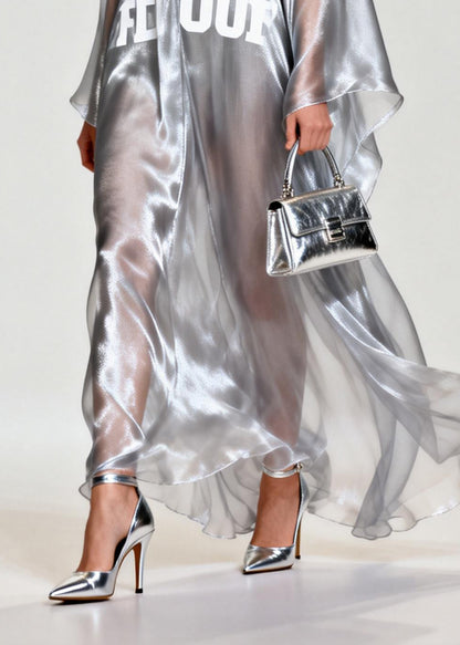Women Silvery Letter Print Exra Large Hem Chiffon Beach Dresses Summer