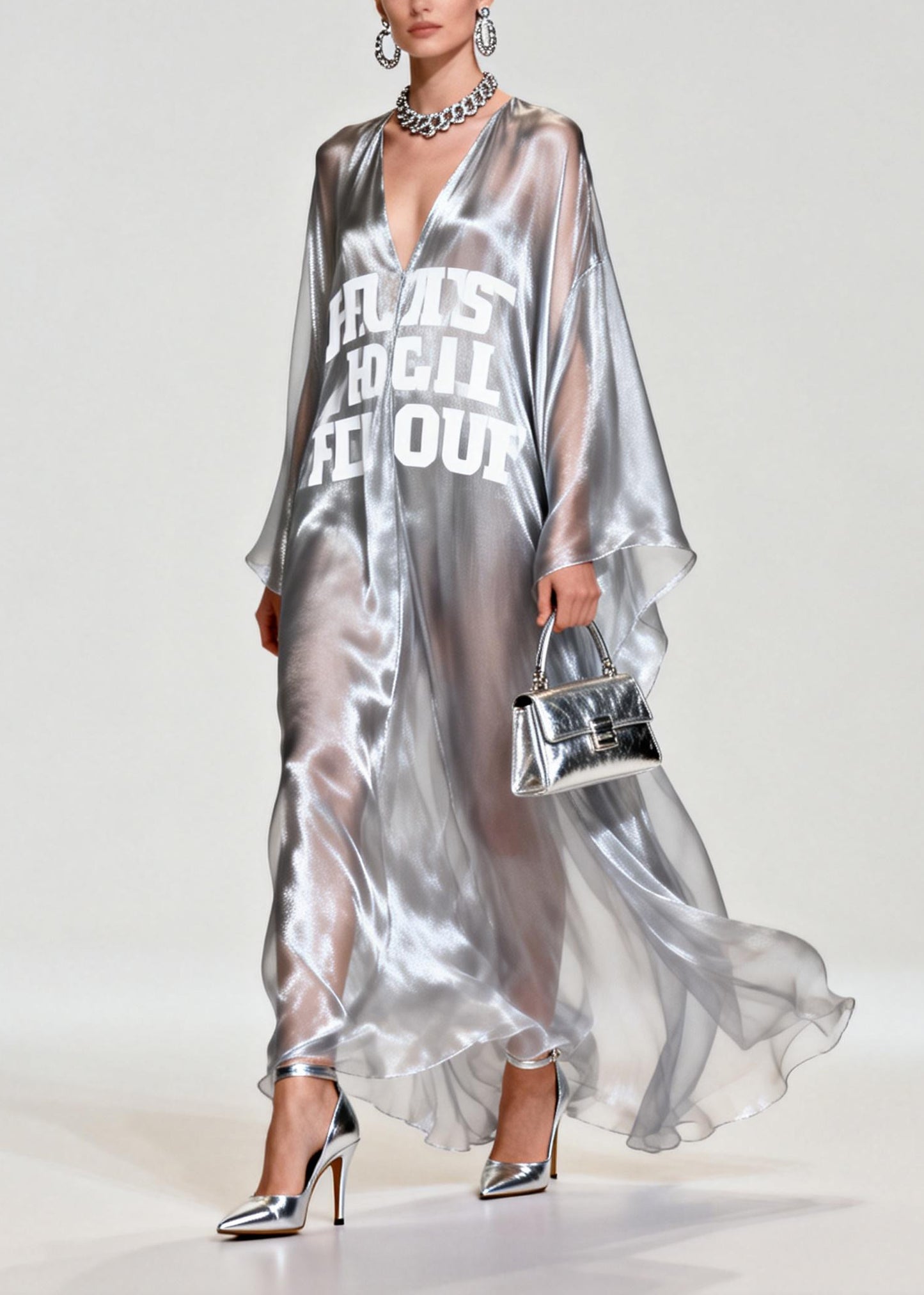 Women Silvery Letter Print Exra Large Hem Chiffon Beach Dresses Summer