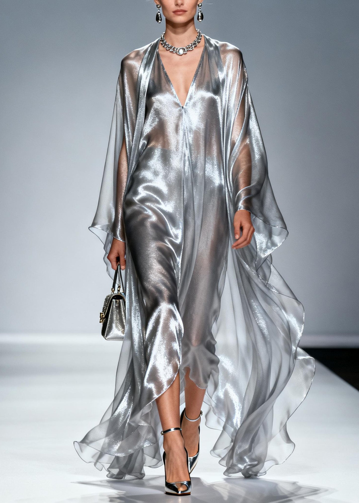 Women Silvery Oversized Draping Chiffon Maxi Dresses Summer