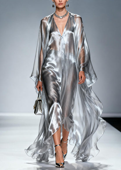 Women Silvery Oversized Draping Chiffon Maxi Dresses Summer