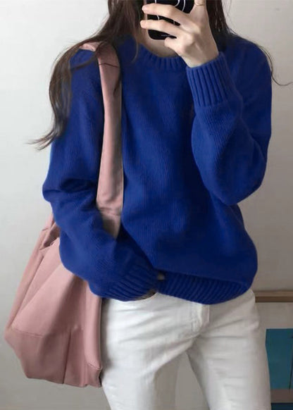 Women Simple Blue O Neck Knit Sweaters Spring