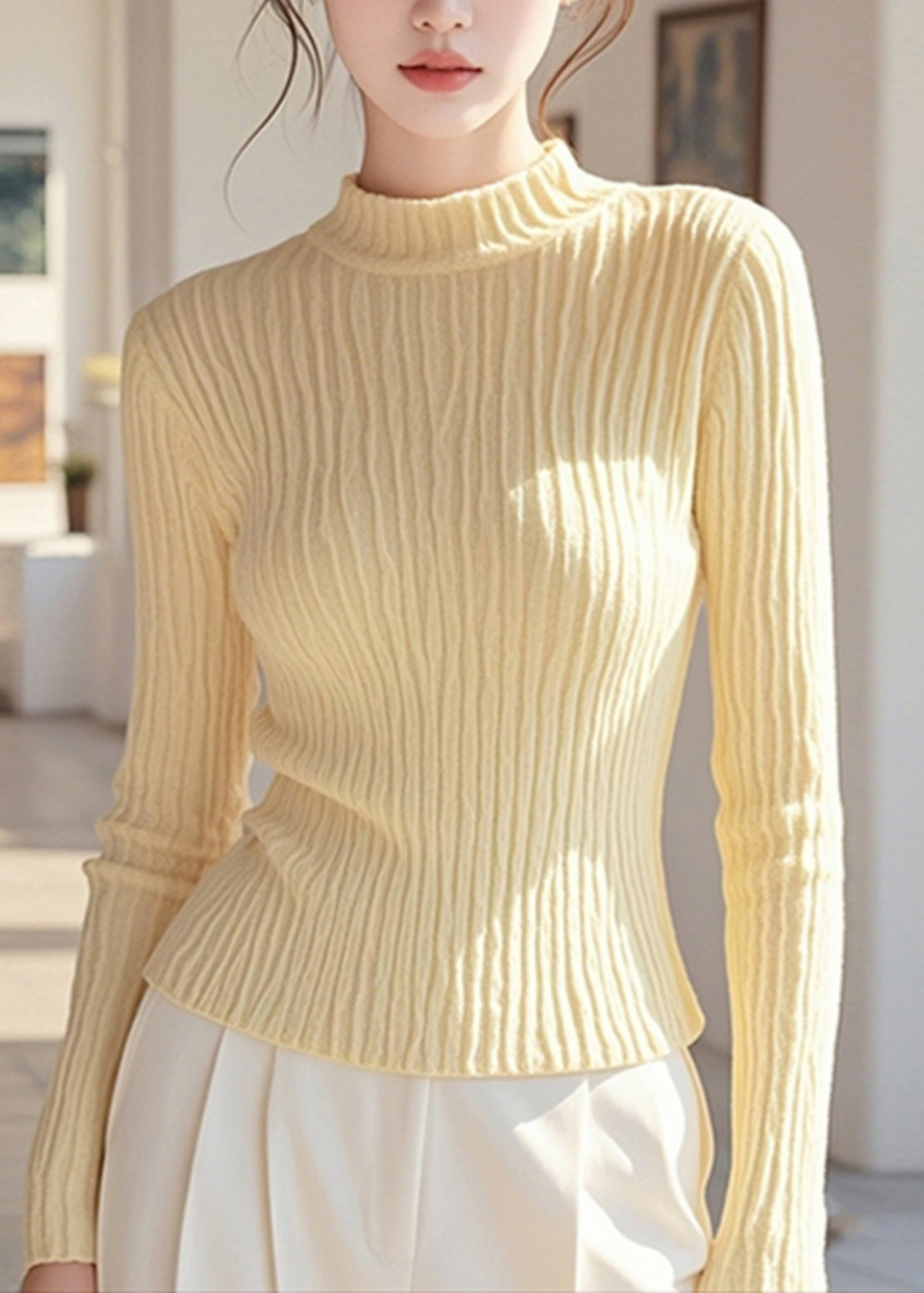 Women Simple Yellow Half High Neck Knit Pullover Spring