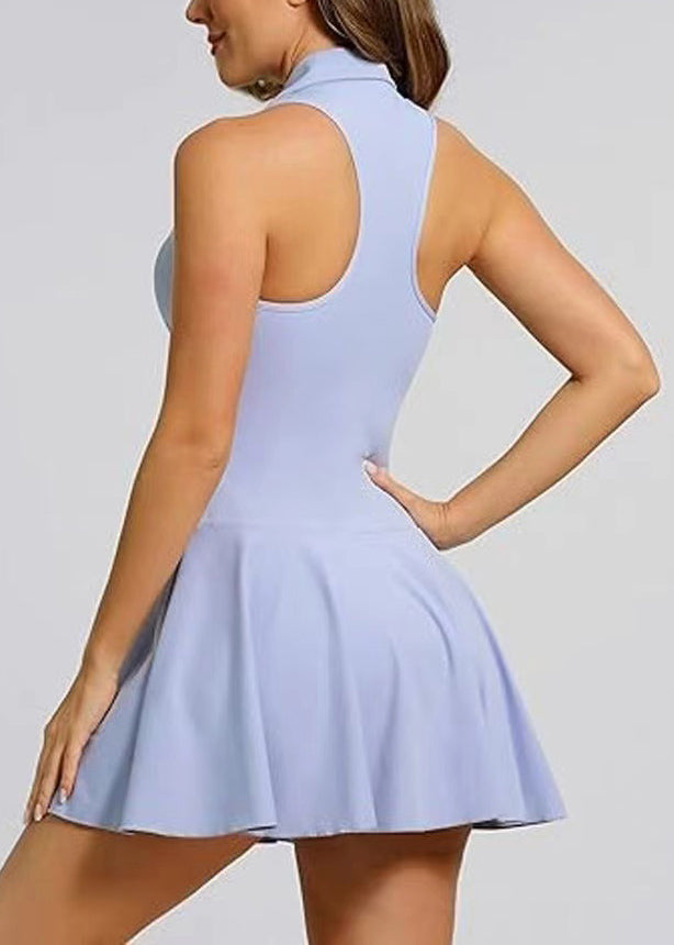 Women Sky Blue Notched Collar Backless Mini Dress One Piece Workout Suit