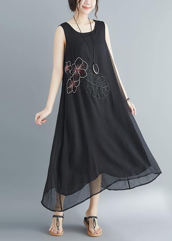 Women Sleeveless embroidery cotton blended dresses Boho Runway black long Dress Summer - SooLinen