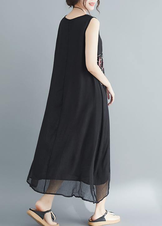 Women Sleeveless embroidery cotton blended dresses Boho Runway black long Dress Summer - SooLinen