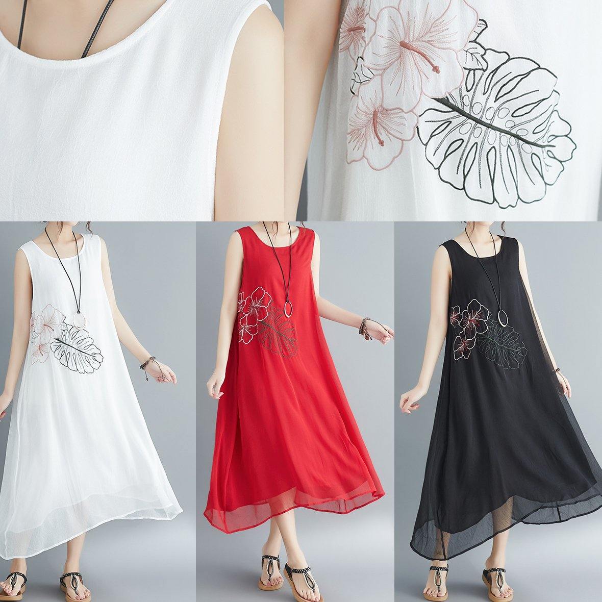 Women Sleeveless embroidery cotton blended dresses Boho Runway black long Dress Summer - SooLinen