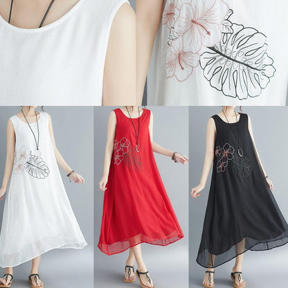 Women Sleeveless embroidery cotton blended dresses Boho Runway black long Dress Summer - SooLinen