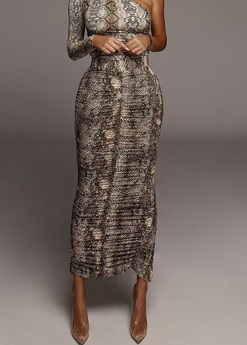 Women Snake Print High Waist Wrinkled Bodycon Skirt Fall
