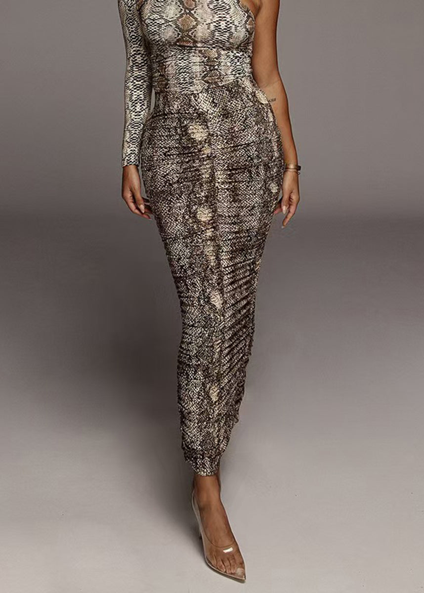 Women Snake Print High Waist Wrinkled Bodycon Skirt Fall
