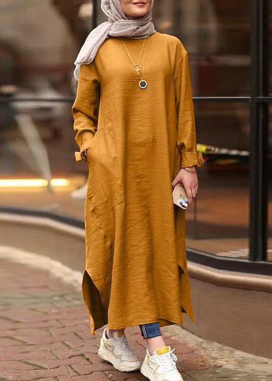 Women Solid Color O-neck Long Sleeves Splited Robe Kaftan Casual Maxi Dress With Pocket