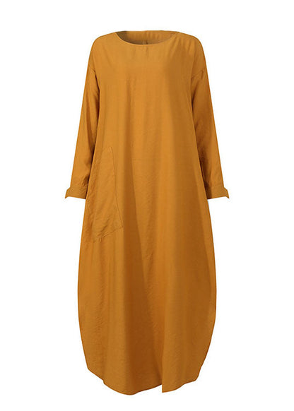 Women Solid Color O-neck Long Sleeves Splited Robe Kaftan Casual Maxi Dress With Pocket