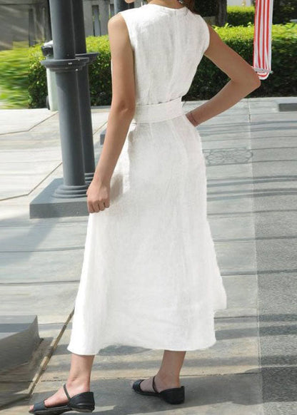 Women Solid White flowers Sleeveless V-Neck Back Zipper Pocket Dress