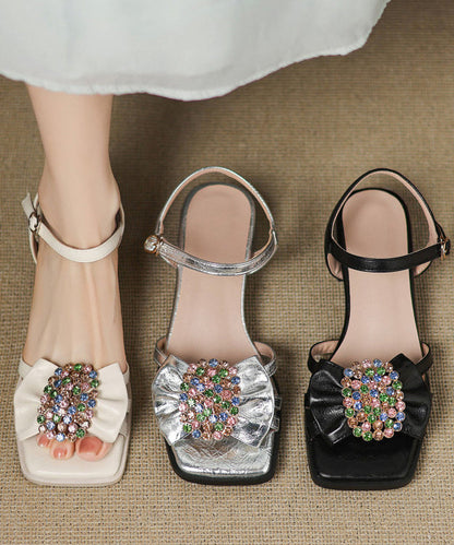 Women Splicing Chunky Sandals Black Faux Leather Bow Zircon
