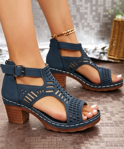 Women Splicing Chunky Sandals Blue Faux Leather Hollow Out