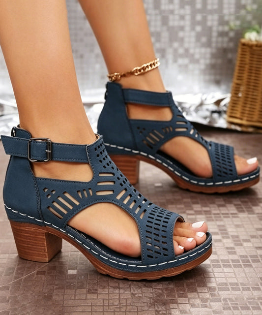Women Splicing Chunky Sandals Blue Faux Leather Hollow Out