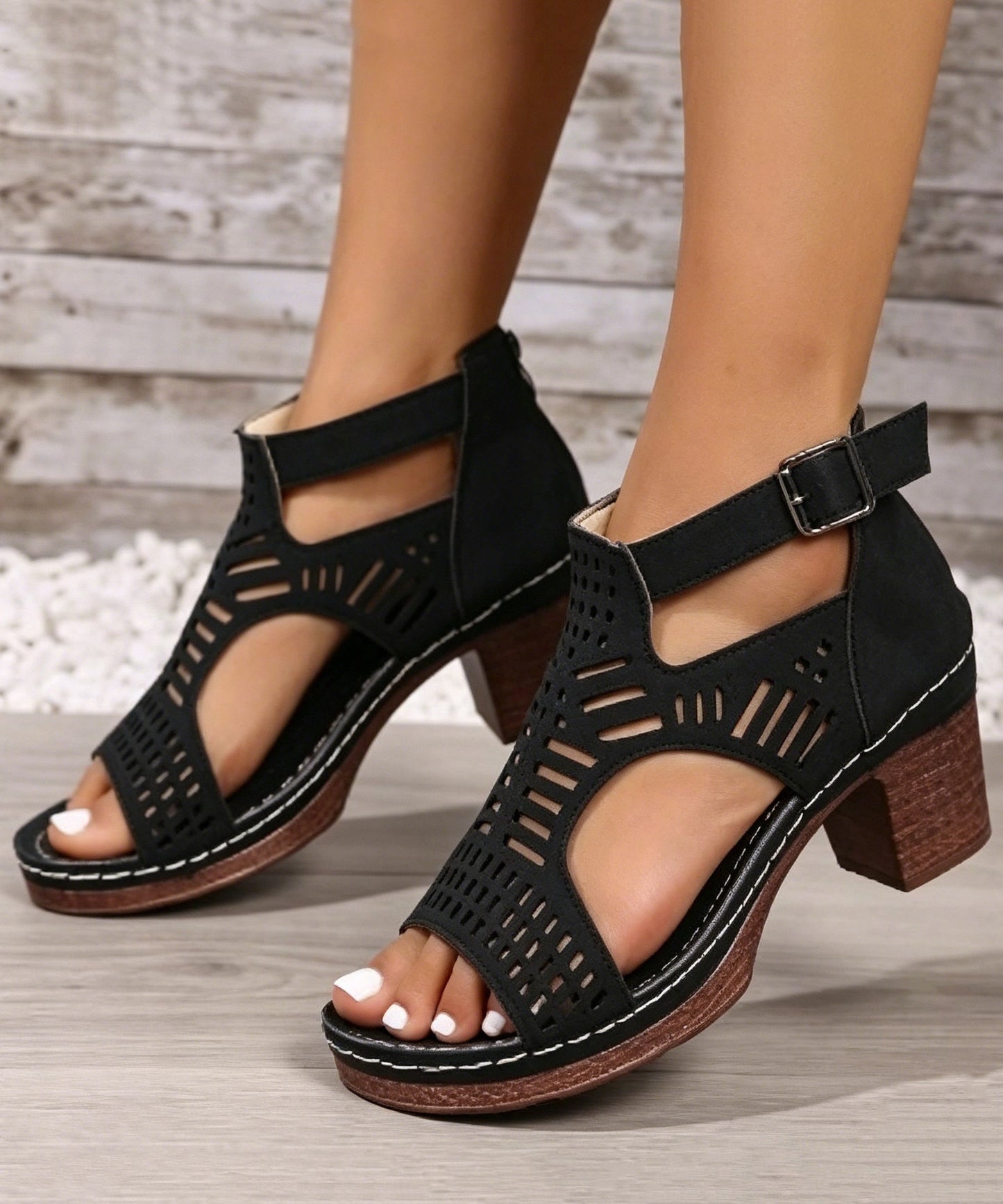 Women Splicing Chunky Sandals Blue Faux Leather Hollow Out