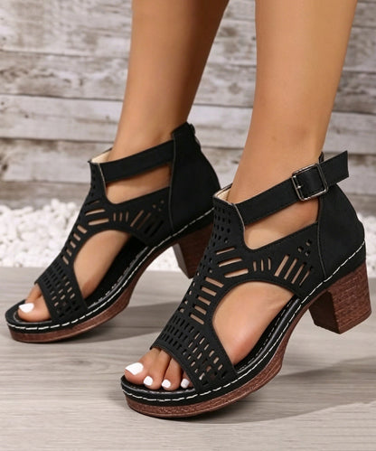 Women Splicing Chunky Sandals Blue Faux Leather Hollow Out