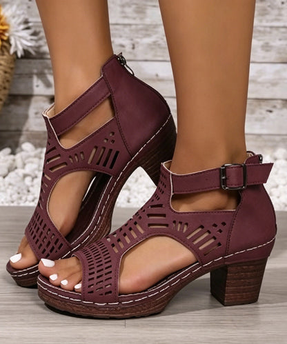 Women Splicing Chunky Sandals Blue Faux Leather Hollow Out