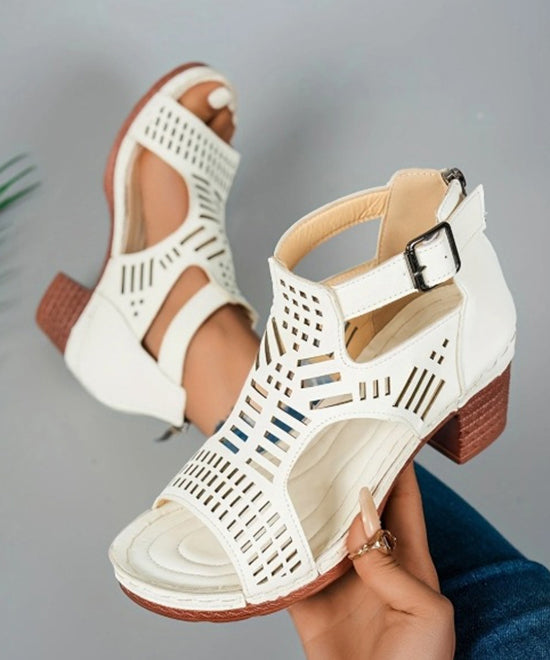 Women Splicing Chunky Sandals Blue Faux Leather Hollow Out