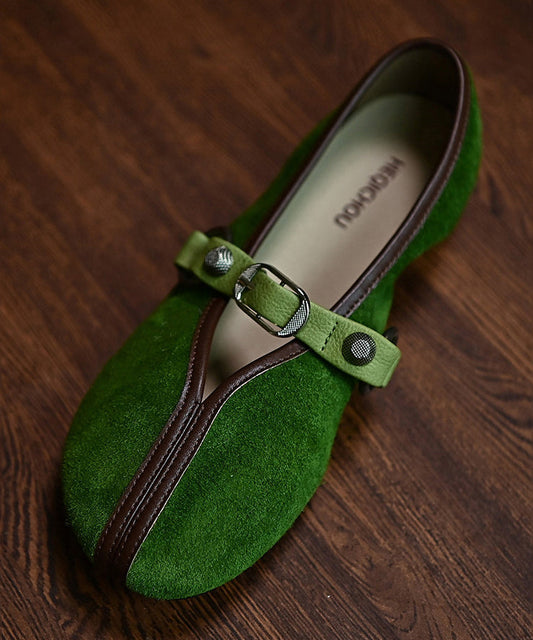 Women Splicing Flats Green Suede Buckle Strap