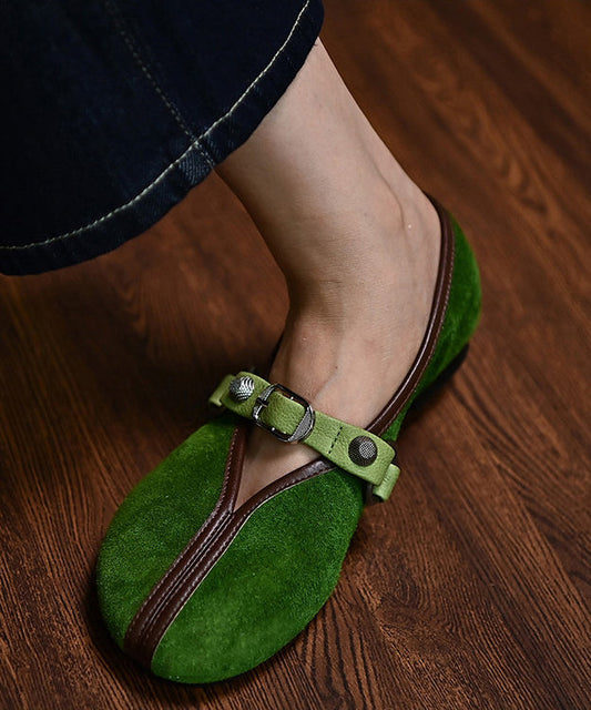 Women Splicing Flats Green Suede Buckle Strap