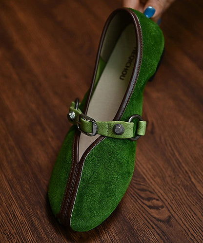 Women Splicing Flats Green Suede Buckle Strap