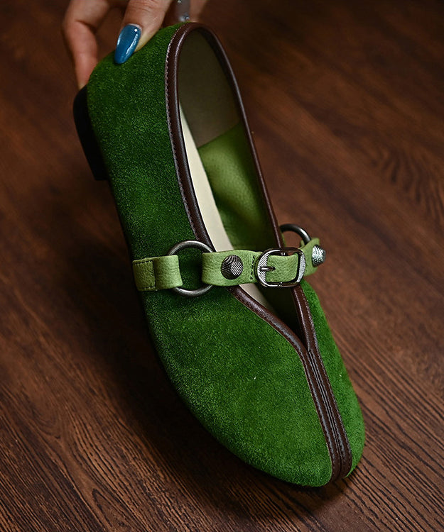 Women Splicing Flats Green Suede Buckle Strap