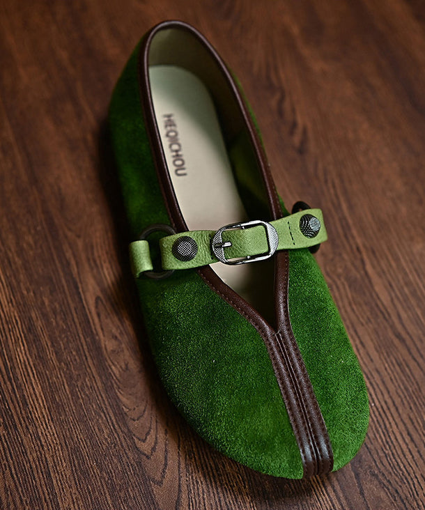 Women Splicing Flats Green Suede Buckle Strap