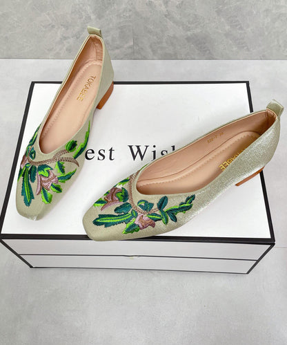 Women Splicing Green Satin Embroidered Penny Loafers
