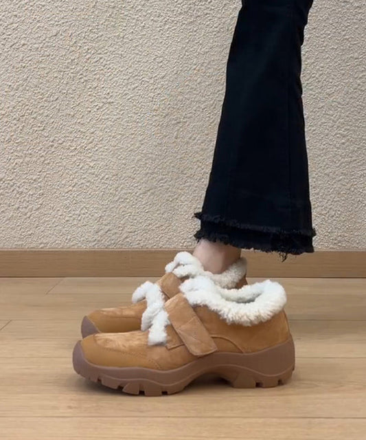 Women Splicing Platform Loafers Camel Suede Fuzzy Wool Lined