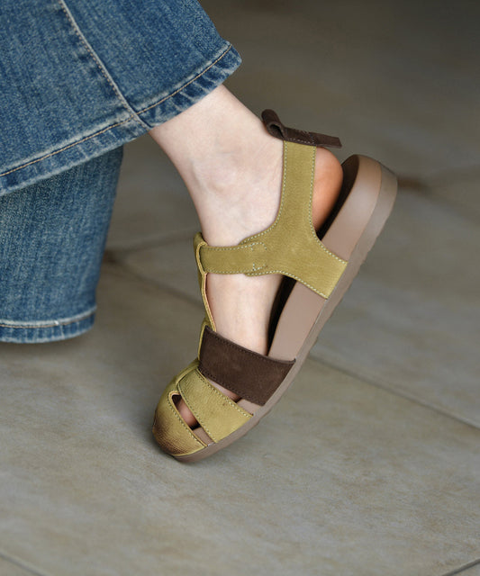 Women Splicing Sandals Green Cowhide Leather