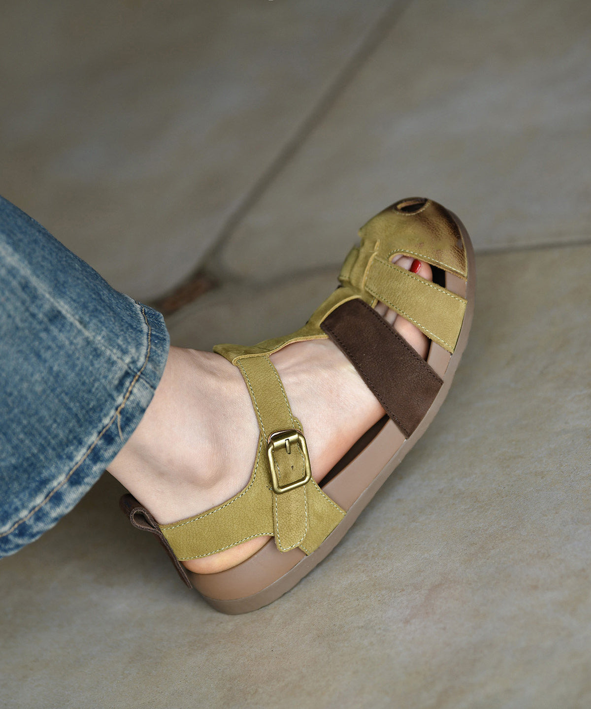 Women Splicing Sandals Green Cowhide Leather
