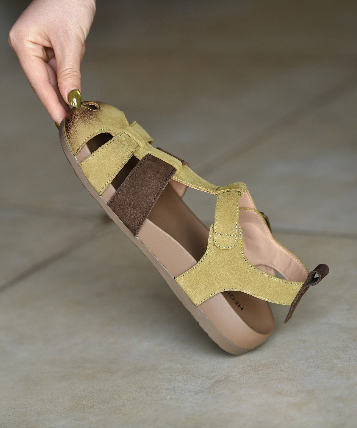 Women Splicing Sandals Green Cowhide Leather