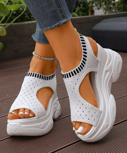 Women Splicing Wedge Sandals White Cotton Fabric Peep Toe