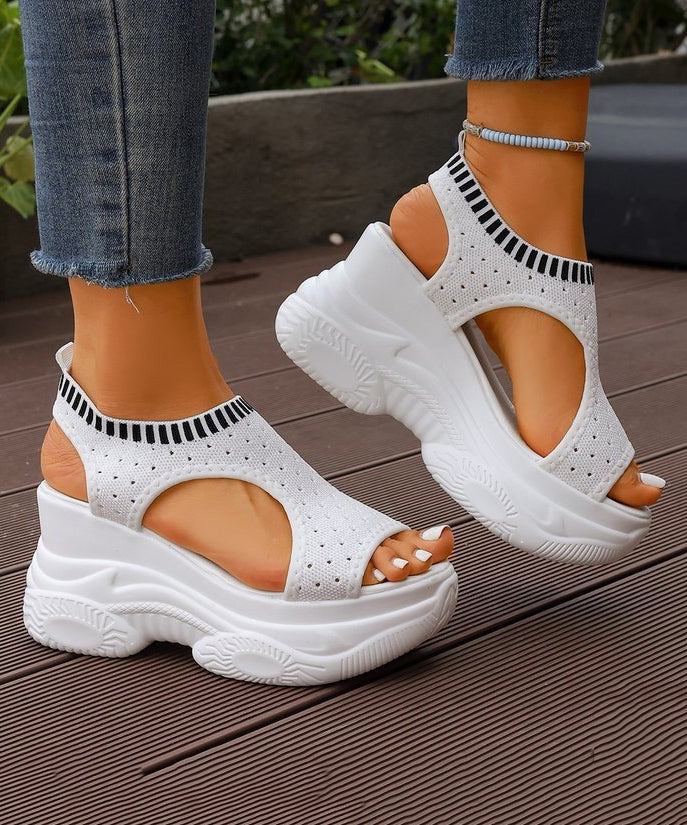Women Splicing Wedge Sandals White Cotton Fabric Peep Toe