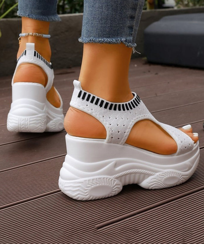 Women Splicing Wedge Sandals White Cotton Fabric Peep Toe