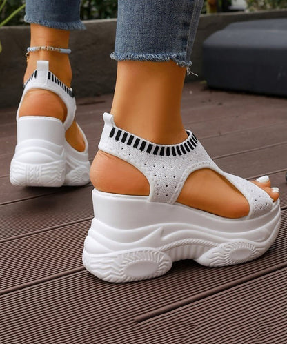 Women Splicing Wedge Sandals White Cotton Fabric Peep Toe