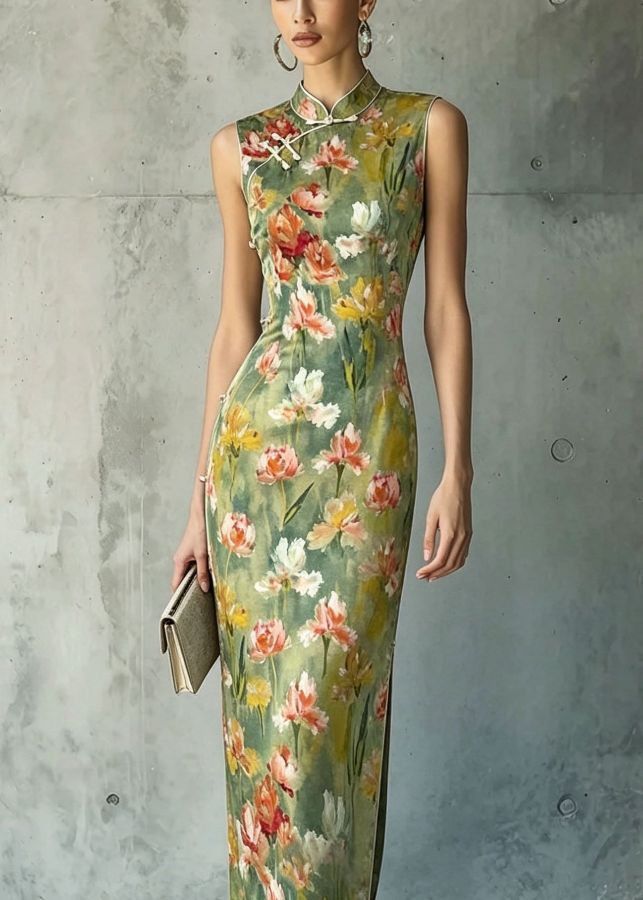 Women Stand Collar Print Chinese Button Silk Dresses Sleeveless