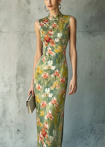 Women Stand Collar Print Chinese Button Silk Dresses Sleeveless