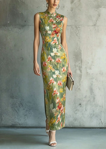 Women Stand Collar Print Chinese Button Silk Dresses Sleeveless