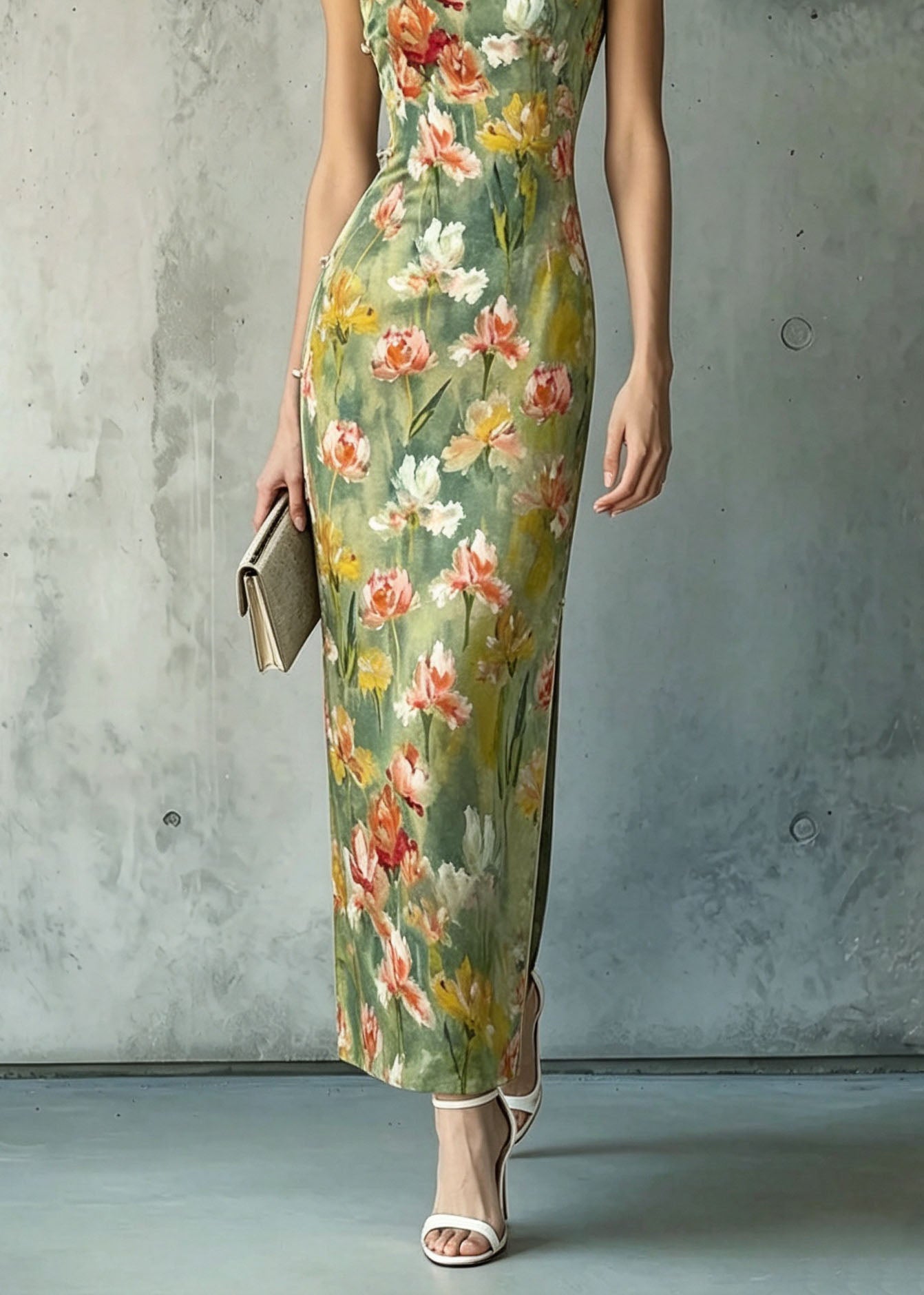 Women Stand Collar Print Chinese Button Silk Dresses Sleeveless