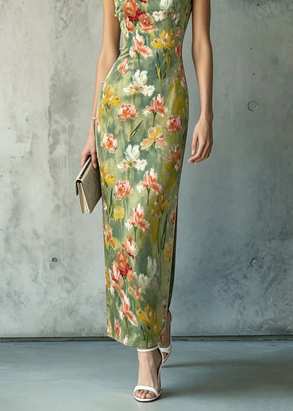 Women Stand Collar Print Chinese Button Silk Dresses Sleeveless