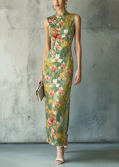 Women Stand Collar Print Chinese Button Silk Dresses Sleeveless