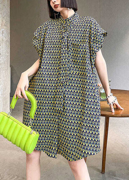 Women Stand Collar Print Cotton Day Dress Puff Sleeve
