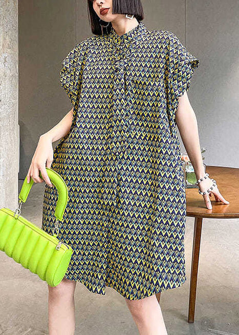 Women Stand Collar Print Cotton Day Dress Puff Sleeve