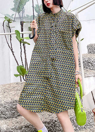 Women Stand Collar Print Cotton Day Dress Puff Sleeve